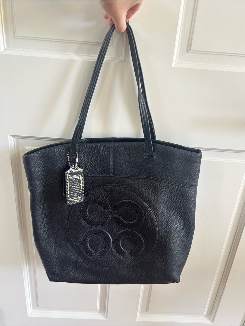 Coach Navy Julia Black Leather Tote Bag with Signature Emblem